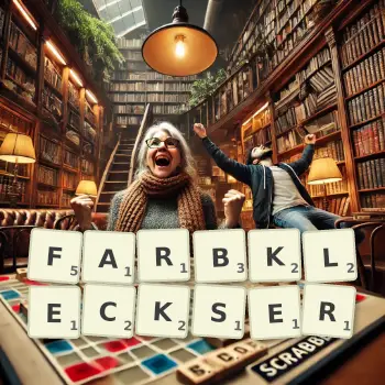 Kreative Illustration für ein Scrabble-Spiel, bei dem das Wort FARBKLECKSER mit Steinen auf dem Brett gelegt wurde.