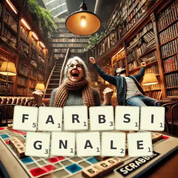 Kreative Illustration für ein Scrabble-Spiel, bei dem das Wort FARBSIGNALE mit Steinen auf dem Brett gelegt wurde.