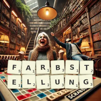 Kreative Illustration für ein Scrabble-Spiel, bei dem das Wort FARBSTELLUNG mit Steinen auf dem Brett gelegt wurde.