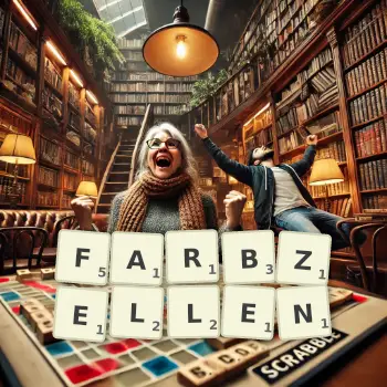 Kreative Illustration für ein Scrabble-Spiel, bei dem das Wort FARBZELLEN mit Steinen auf dem Brett gelegt wurde.