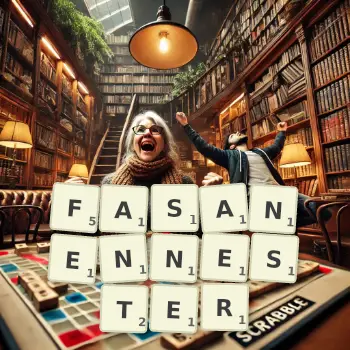 Kreative Illustration für ein Scrabble-Spiel, bei dem das Wort FASANENNESTER mit Steinen auf dem Brett gelegt wurde.