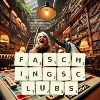 Kreative Illustration für ein Scrabble-Spiel, bei dem das Wort FASCHINGSCLUBS mit Steinen auf dem Brett gelegt wurde.