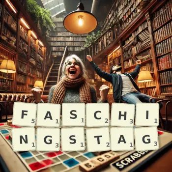Kreative Illustration für ein Scrabble-Spiel, bei dem das Wort FASCHINGSTAG mit Steinen auf dem Brett gelegt wurde.