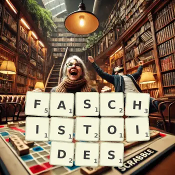 Kreative Illustration für ein Scrabble-Spiel, bei dem das Wort FASCHISTOIDES mit Steinen auf dem Brett gelegt wurde.