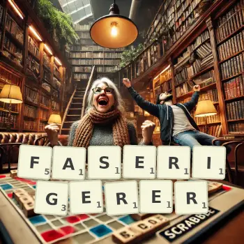 Kreative Illustration für ein Scrabble-Spiel, bei dem das Wort FASERIGERER mit Steinen auf dem Brett gelegt wurde.