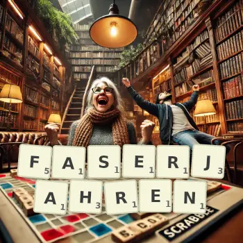 Kreative Illustration für ein Scrabble-Spiel, bei dem das Wort FASERJAHREN mit Steinen auf dem Brett gelegt wurde.
