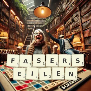 Kreative Illustration für ein Scrabble-Spiel, bei dem das Wort FASERSEILEN mit Steinen auf dem Brett gelegt wurde.