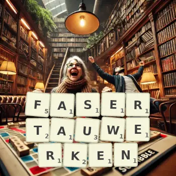 Kreative Illustration für ein Scrabble-Spiel, bei dem das Wort FASERTAUWERKEN mit Steinen auf dem Brett gelegt wurde.