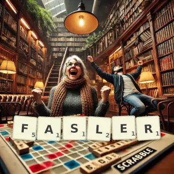 Kreative Illustration für ein Scrabble-Spiel, bei dem das Wort FASLER mit Steinen auf dem Brett gelegt wurde.
