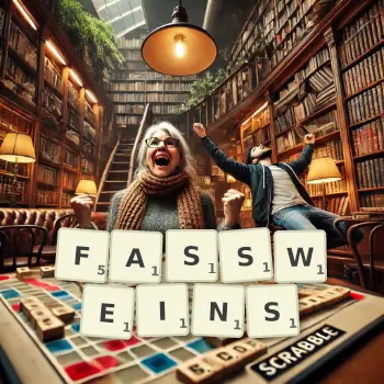Kreative Illustration für ein Scrabble-Spiel, bei dem das Wort FASSWEINS mit Steinen auf dem Brett gelegt wurde.