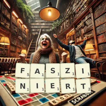 Kreative Illustration für ein Scrabble-Spiel, bei dem das Wort FASZINIERT mit Steinen auf dem Brett gelegt wurde.