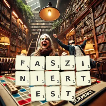 Kreative Illustration für ein Scrabble-Spiel, bei dem das Wort FASZINIERTEST mit Steinen auf dem Brett gelegt wurde.