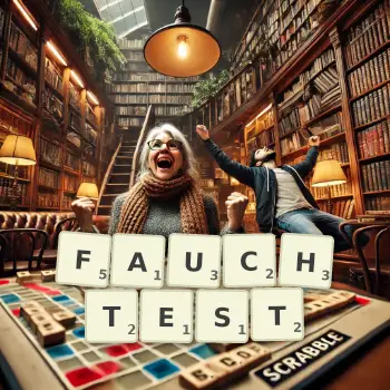 Kreative Illustration für ein Scrabble-Spiel, bei dem das Wort FAUCHTEST mit Steinen auf dem Brett gelegt wurde.