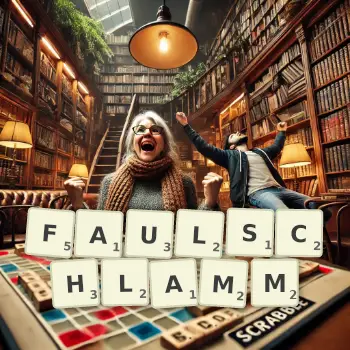 Kreative Illustration für ein Scrabble-Spiel, bei dem das Wort FAULSCHLAMM mit Steinen auf dem Brett gelegt wurde.