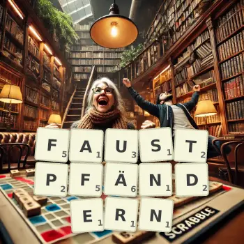 Kreative Illustration für ein Scrabble-Spiel, bei dem das Wort FAUSTPFÄNDERN mit Steinen auf dem Brett gelegt wurde.