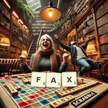 Kreative Illustration für ein Scrabble-Spiel, bei dem das Wort FAX mit Steinen auf dem Brett gelegt wurde.