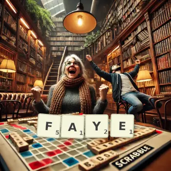 Kreative Illustration für ein Scrabble-Spiel, bei dem das Wort FAYE mit Steinen auf dem Brett gelegt wurde.