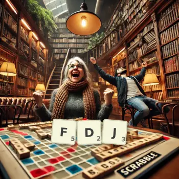 Kreative Illustration für ein Scrabble-Spiel, bei dem das Wort FDJ mit Steinen auf dem Brett gelegt wurde.