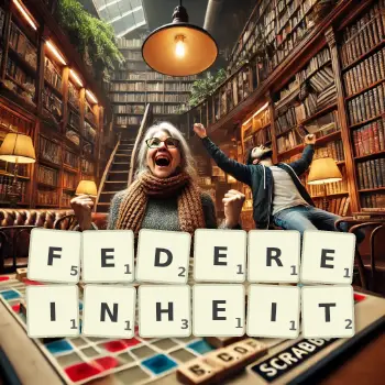 Kreative Illustration für ein Scrabble-Spiel, bei dem das Wort FEDEREINHEIT mit Steinen auf dem Brett gelegt wurde.
