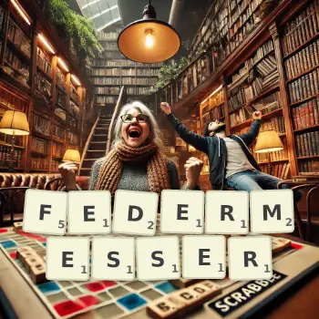 Kreative Illustration für ein Scrabble-Spiel, bei dem das Wort FEDERMESSER mit Steinen auf dem Brett gelegt wurde.