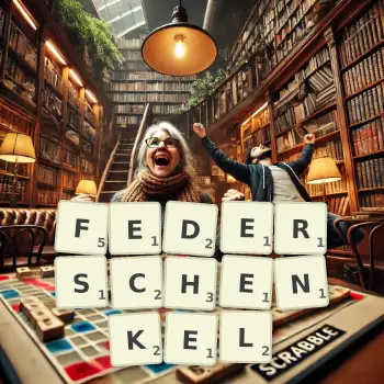 Kreative Illustration für ein Scrabble-Spiel, bei dem das Wort FEDERSCHENKEL mit Steinen auf dem Brett gelegt wurde.