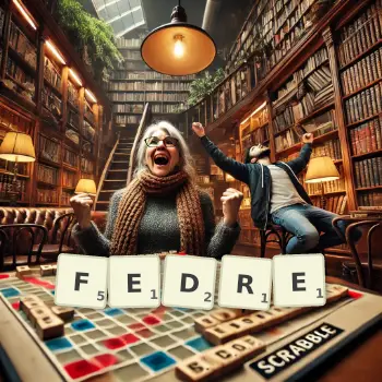Kreative Illustration für ein Scrabble-Spiel, bei dem das Wort FEDRE mit Steinen auf dem Brett gelegt wurde.