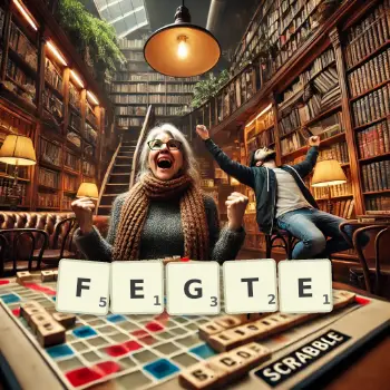 Kreative Illustration für ein Scrabble-Spiel, bei dem das Wort FEGTE mit Steinen auf dem Brett gelegt wurde.