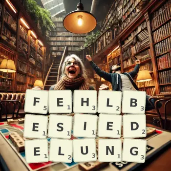 Kreative Illustration für ein Scrabble-Spiel, bei dem das Wort FEHLBESIEDELUNG mit Steinen auf dem Brett gelegt wurde.
