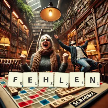 Kreative Illustration für ein Scrabble-Spiel, bei dem das Wort FEHLEN mit Steinen auf dem Brett gelegt wurde.