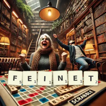 Kreative Illustration für ein Scrabble-Spiel, bei dem das Wort FEINET mit Steinen auf dem Brett gelegt wurde.