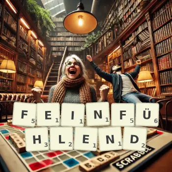 Kreative Illustration für ein Scrabble-Spiel, bei dem das Wort FEINFÜHLEND mit Steinen auf dem Brett gelegt wurde.