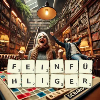 Kreative Illustration für ein Scrabble-Spiel, bei dem das Wort FEINFÜHLIGER mit Steinen auf dem Brett gelegt wurde.