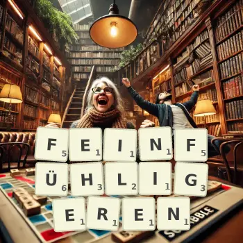Kreative Illustration für ein Scrabble-Spiel, bei dem das Wort FEINFÜHLIGEREN mit Steinen auf dem Brett gelegt wurde.
