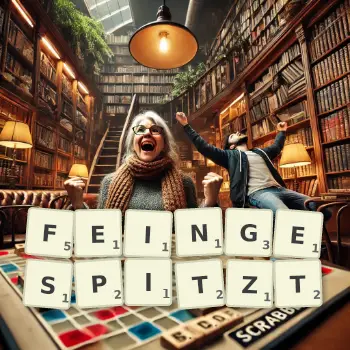 Kreative Illustration für ein Scrabble-Spiel, bei dem das Wort FEINGESPITZT mit Steinen auf dem Brett gelegt wurde.