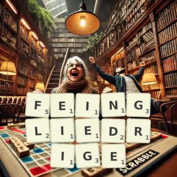 Kreative Illustration für ein Scrabble-Spiel, bei dem das Wort FEINGLIEDRIGE mit Steinen auf dem Brett gelegt wurde.