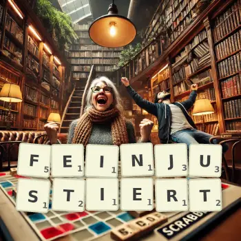 Kreative Illustration für ein Scrabble-Spiel, bei dem das Wort FEINJUSTIERT mit Steinen auf dem Brett gelegt wurde.