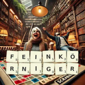Kreative Illustration für ein Scrabble-Spiel, bei dem das Wort FEINKÖRNIGER mit Steinen auf dem Brett gelegt wurde.