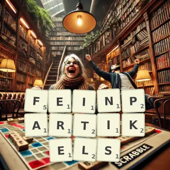Kreative Illustration für ein Scrabble-Spiel, bei dem das Wort FEINPARTIKELS mit Steinen auf dem Brett gelegt wurde.