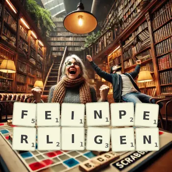 Kreative Illustration für ein Scrabble-Spiel, bei dem das Wort FEINPERLIGEN mit Steinen auf dem Brett gelegt wurde.