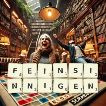 Kreative Illustration für ein Scrabble-Spiel, bei dem das Wort FEINSINNIGEN mit Steinen auf dem Brett gelegt wurde.