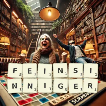 Kreative Illustration für ein Scrabble-Spiel, bei dem das Wort FEINSINNIGER mit Steinen auf dem Brett gelegt wurde.