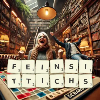Kreative Illustration für ein Scrabble-Spiel, bei dem das Wort FEINSITTICHS mit Steinen auf dem Brett gelegt wurde.
