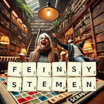 Kreative Illustration für ein Scrabble-Spiel, bei dem das Wort FEINSYSTEMEN mit Steinen auf dem Brett gelegt wurde.