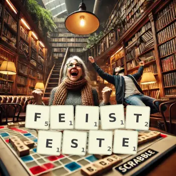 Kreative Illustration für ein Scrabble-Spiel, bei dem das Wort FEISTESTE mit Steinen auf dem Brett gelegt wurde.