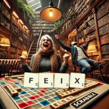 Kreative Illustration für ein Scrabble-Spiel, bei dem das Wort FEIX mit Steinen auf dem Brett gelegt wurde.