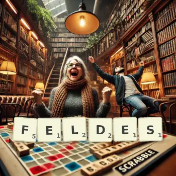 Kreative Illustration für ein Scrabble-Spiel, bei dem das Wort FELDES mit Steinen auf dem Brett gelegt wurde.