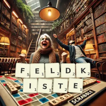 Kreative Illustration für ein Scrabble-Spiel, bei dem das Wort FELDKISTE mit Steinen auf dem Brett gelegt wurde.