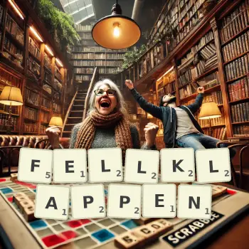 Kreative Illustration für ein Scrabble-Spiel, bei dem das Wort FELLKLAPPEN mit Steinen auf dem Brett gelegt wurde.
