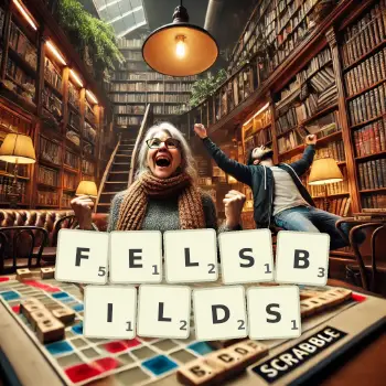 Kreative Illustration für ein Scrabble-Spiel, bei dem das Wort FELSBILDS mit Steinen auf dem Brett gelegt wurde.