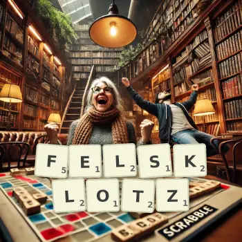Kreative Illustration für ein Scrabble-Spiel, bei dem das Wort FELSKLOTZ mit Steinen auf dem Brett gelegt wurde.
